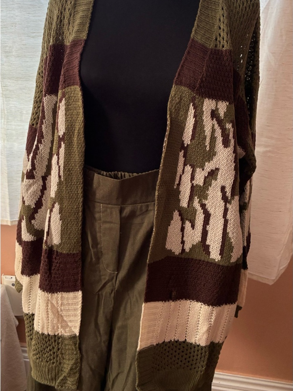 Umgee 2pc Open-Front Olive Green & Cream Sweater Cardigan & Pants